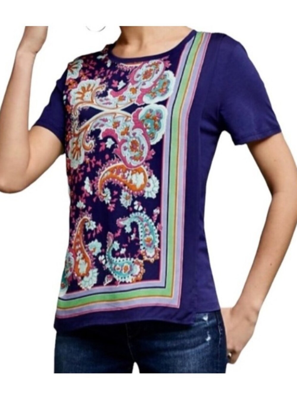 Maeve Navy Blue T-Shirt With Paisley Overlay